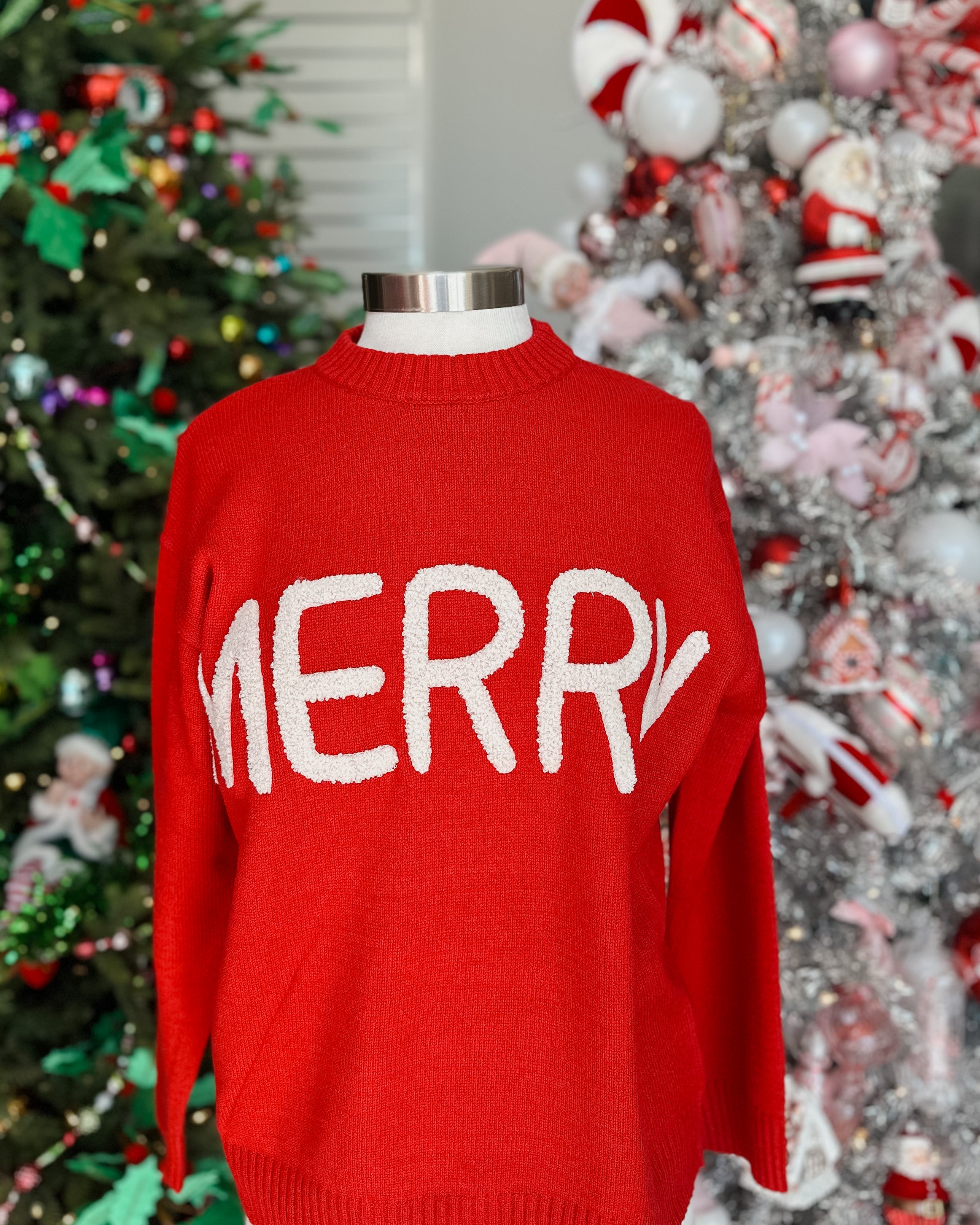 MERRY MOMENTS CHENILLE LETTER SWEATER - RED