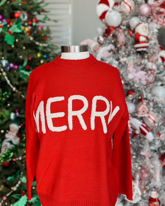 MERRY MOMENTS CHENILLE LETTER SWEATER - RED