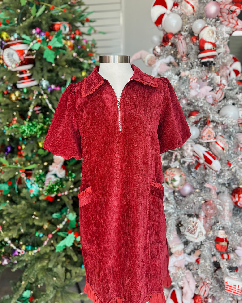 BURGUNDY QUARTER ZIP RUFFLE POCKET DETAIL DRESS