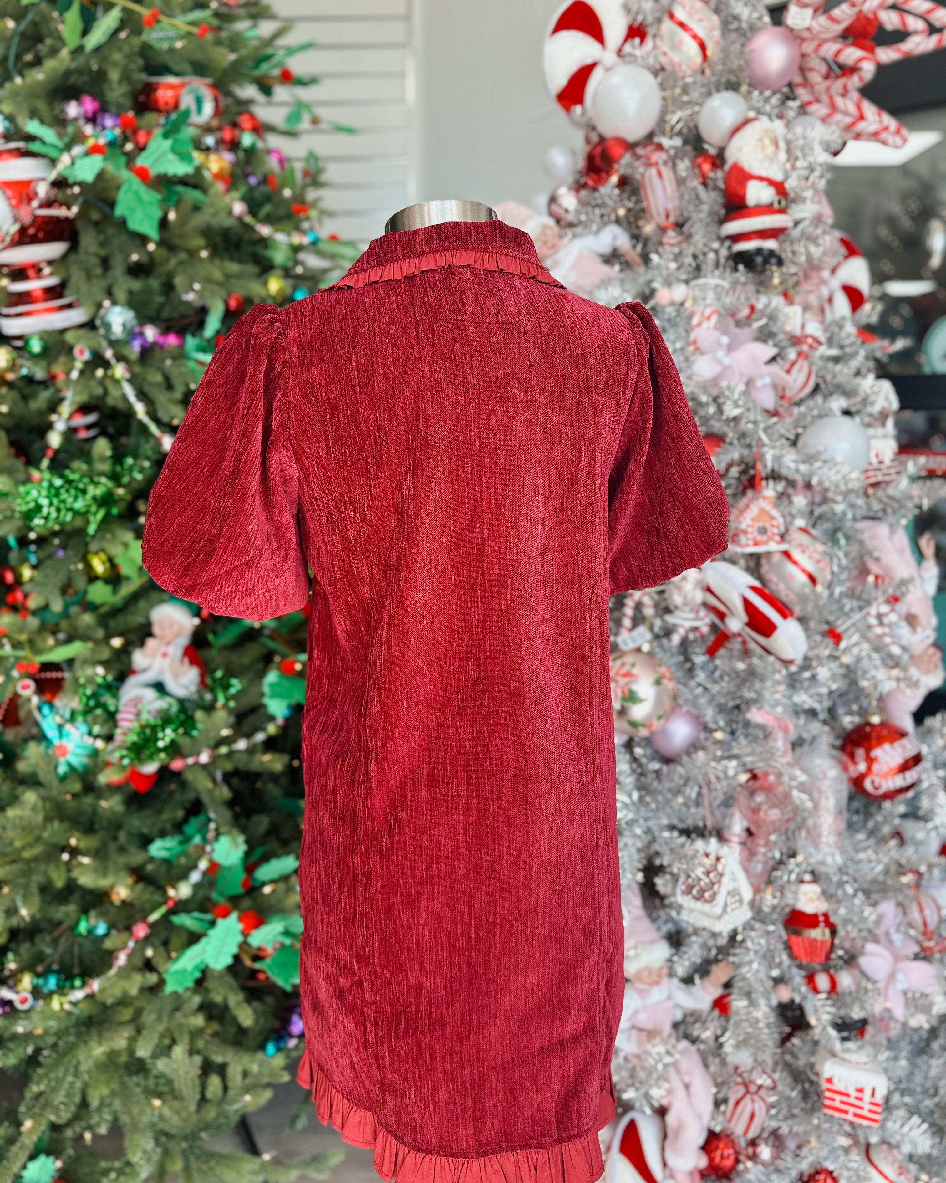 BURGUNDY QUARTER ZIP RUFFLE POCKET DETAIL DRESS