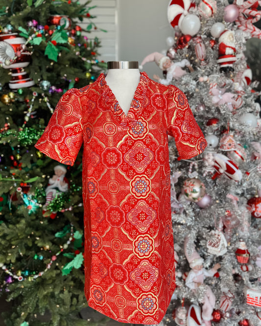 RED V-RUFFLE NECK MANDALA JACQUARD DRESS