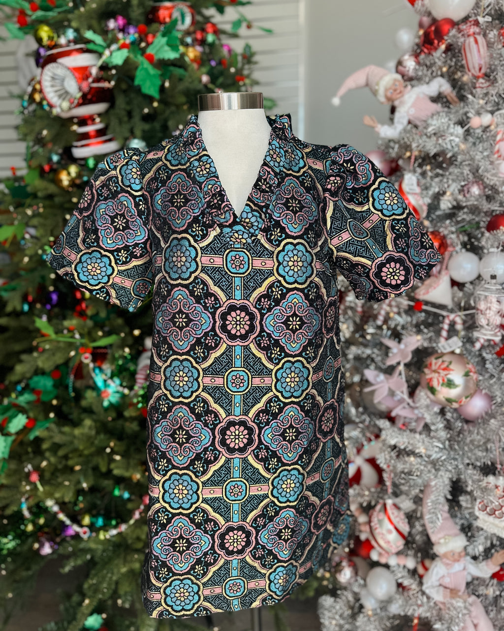 MULTI COLOR V-RUFFLE NECK MANDALA JACQUARD DRESS