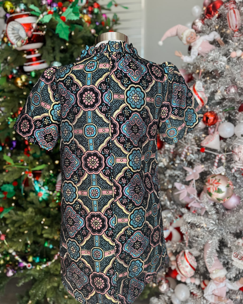 MULTI COLOR V-RUFFLE NECK MANDALA JACQUARD DRESS