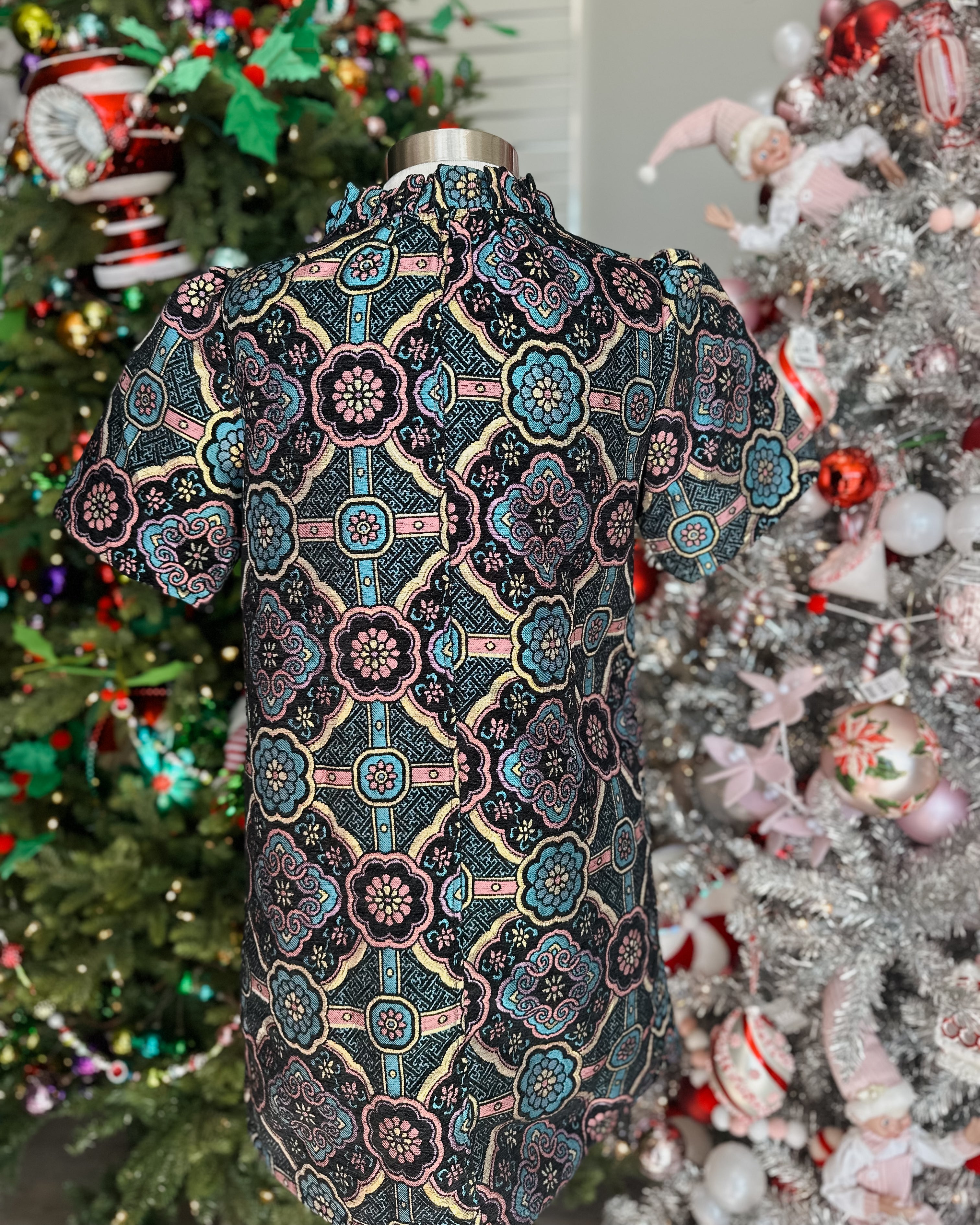 MULTI COLOR V-RUFFLE NECK MANDALA JACQUARD DRESS