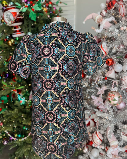 MULTI COLOR V-RUFFLE NECK MANDALA JACQUARD DRESS