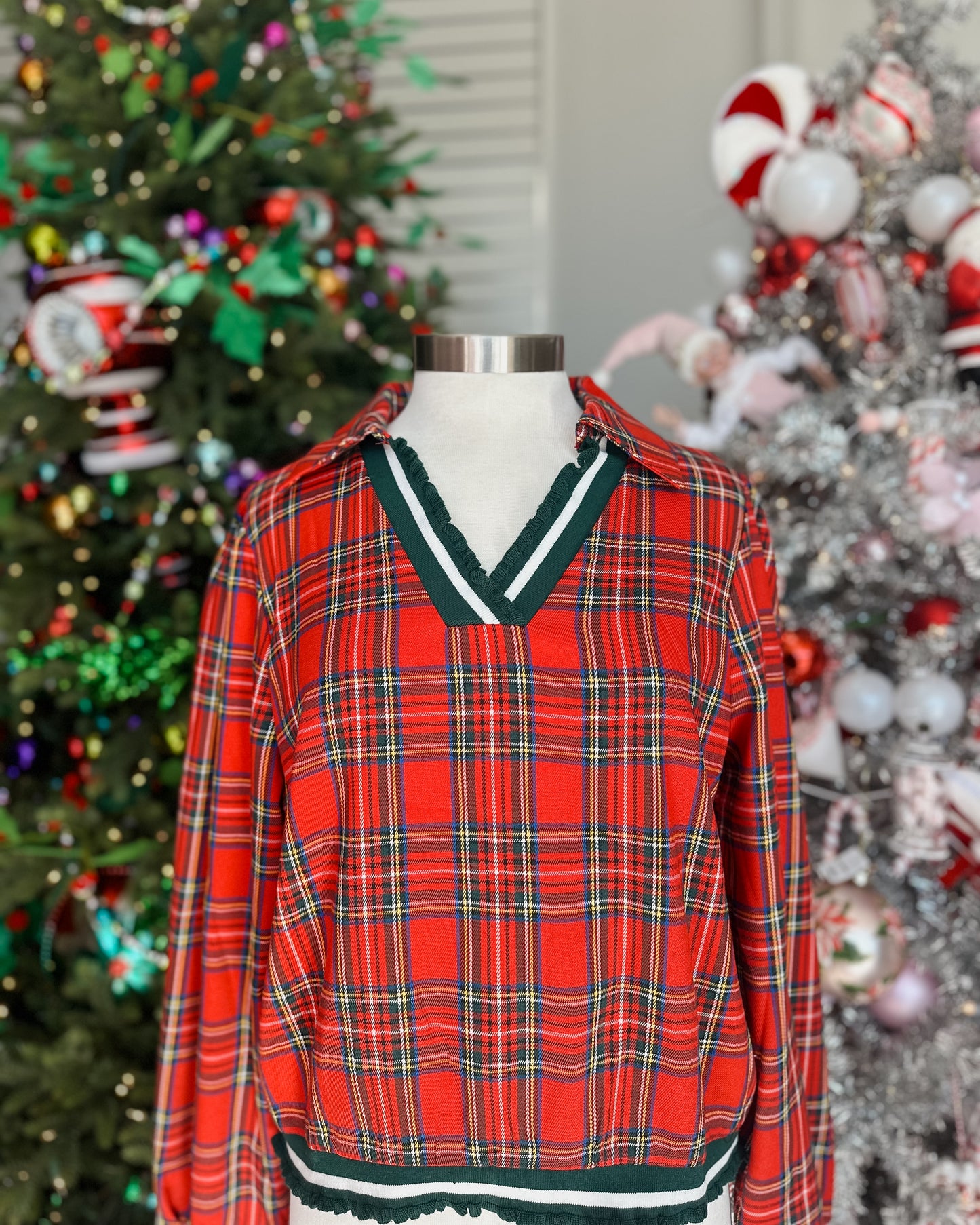 CHRISTMAS PLAID V NECK COLLARED TOP WITH RUFFLED DETAIL