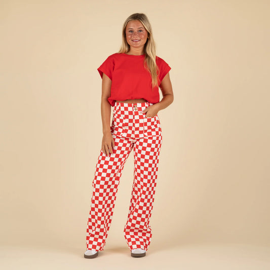 DEMI RED/WHITE CHECKERED JEANS