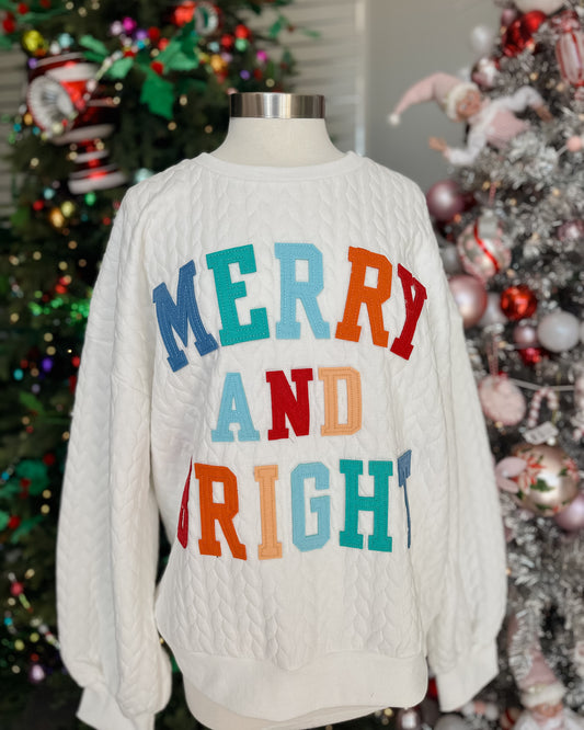 QUILTED MERRY & BRIGHT SWEATSHIRT - WHITE