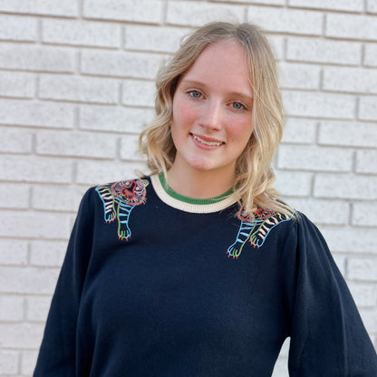 NAVY TIGER EMBROIDERED KNIT TOP