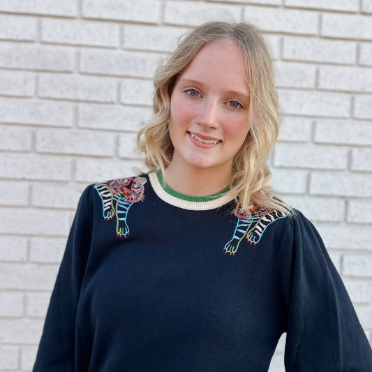 NAVY TIGER EMBROIDERED KNIT TOP