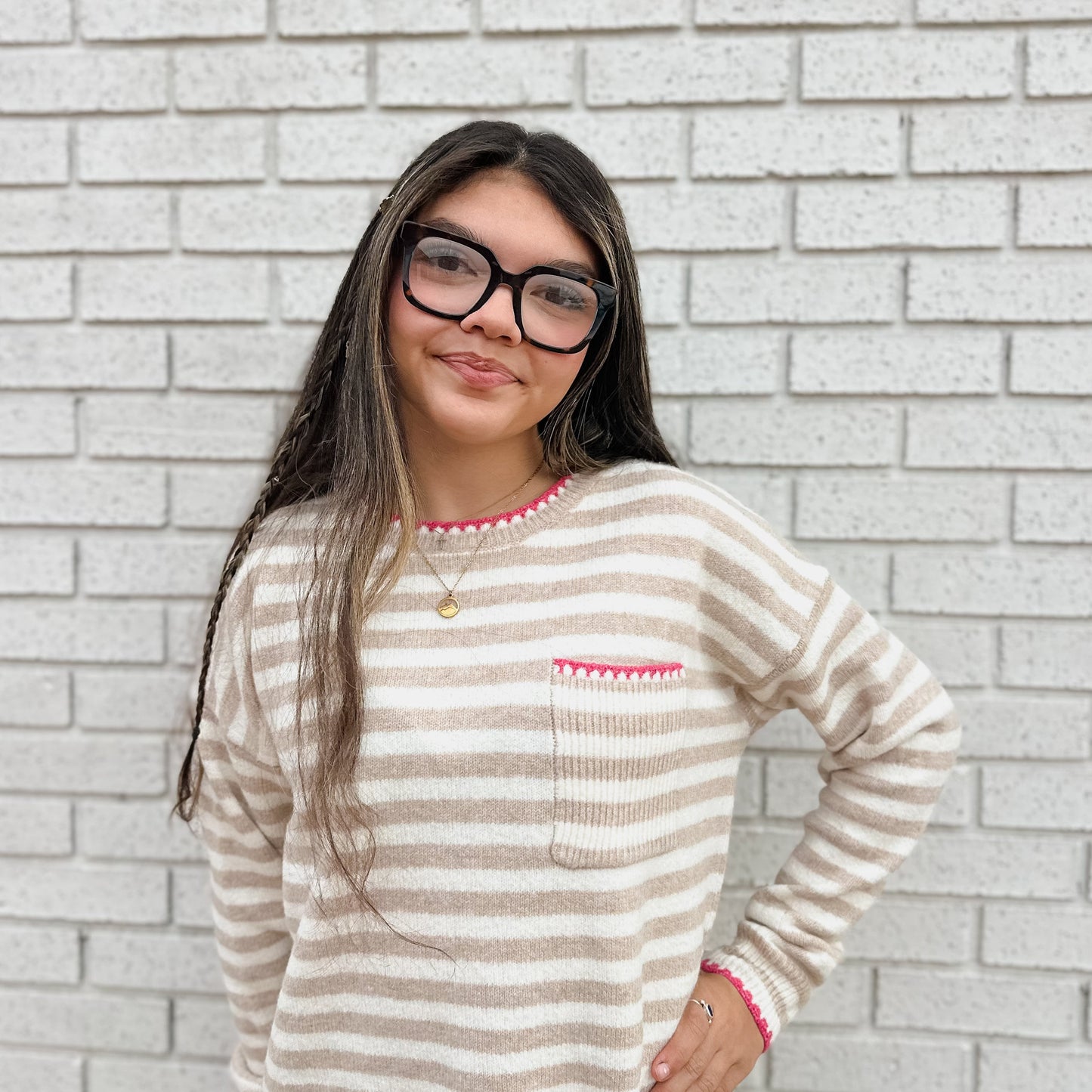 TAUPE STRIPED SWEATER WITH PINK BLANKET STITCH ACCENT