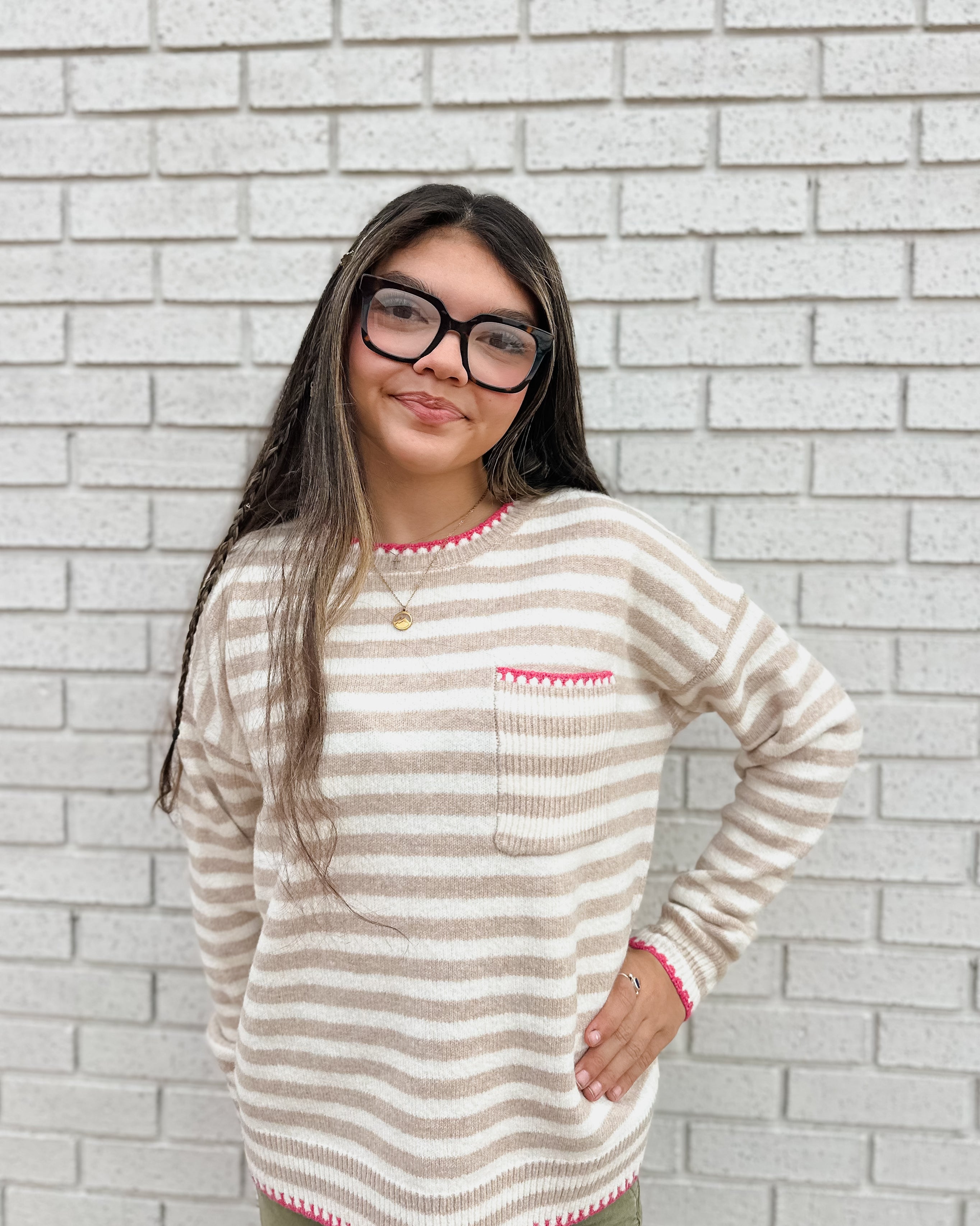 TAUPE STRIPED SWEATER WITH PINK BLANKET STITCH ACCENT