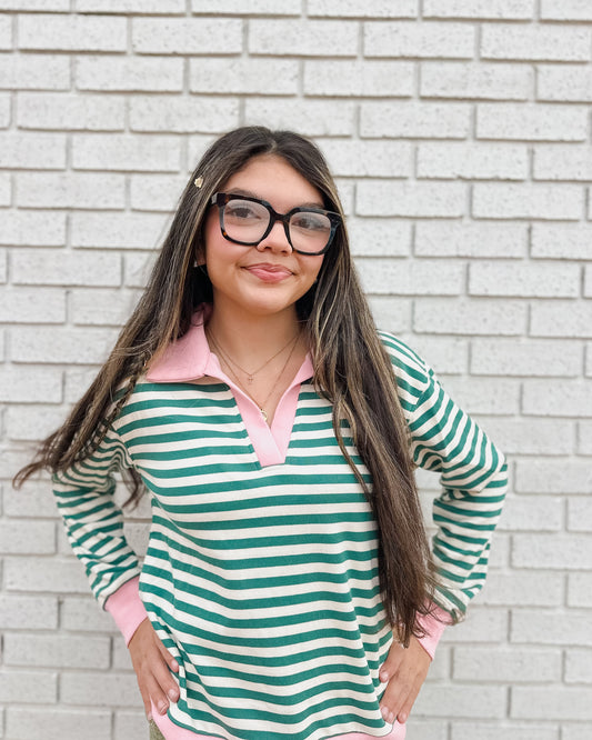 GREEN STRIPED KNIT TOP WITH PINK COLLAR