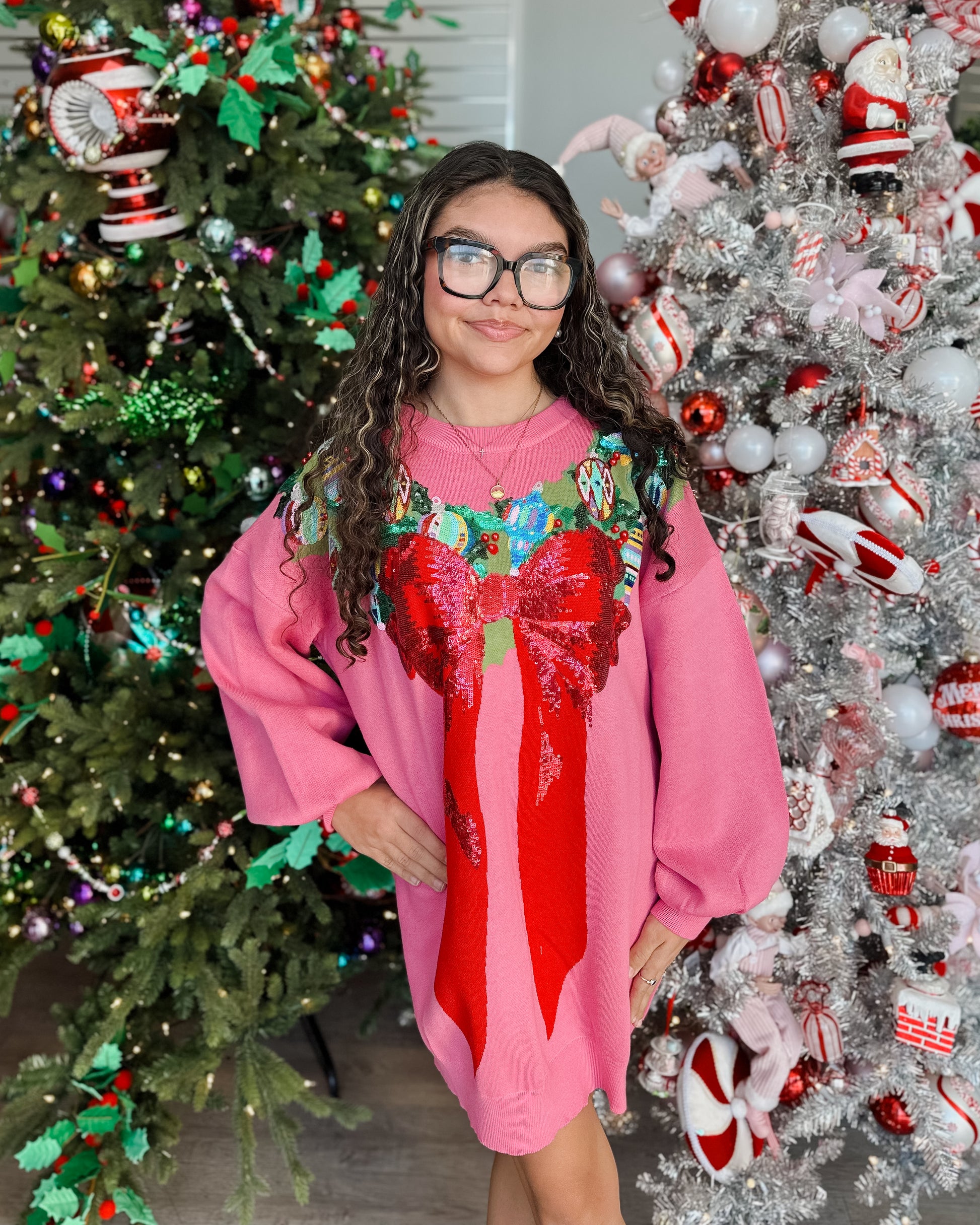 sweater dress near me BRIGHT PINK MULTI WREATH AROUND NECK SWEATER DRESS XXL