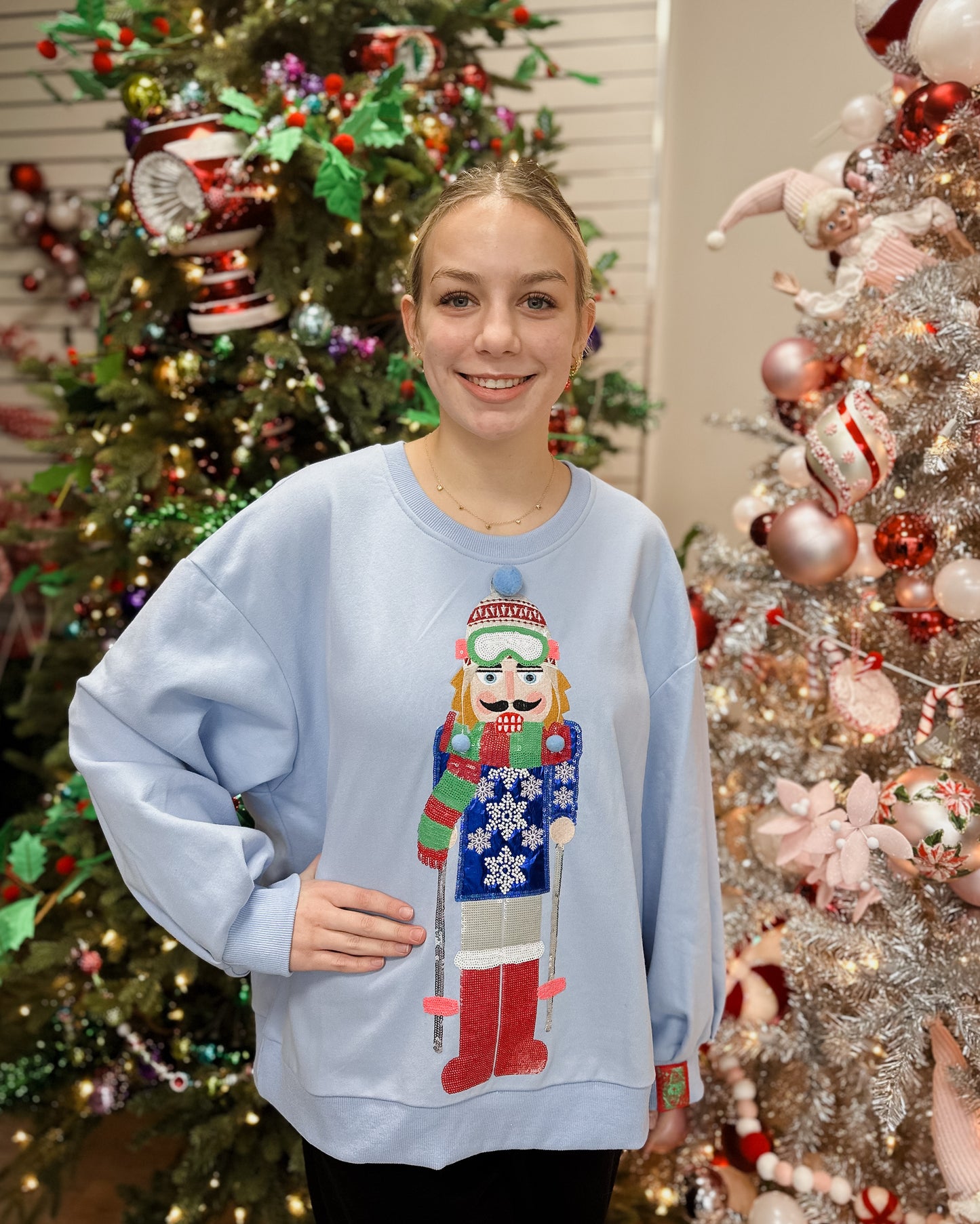 POWDER BLUE SKIING NUTCRACKER SWEATSHIRT