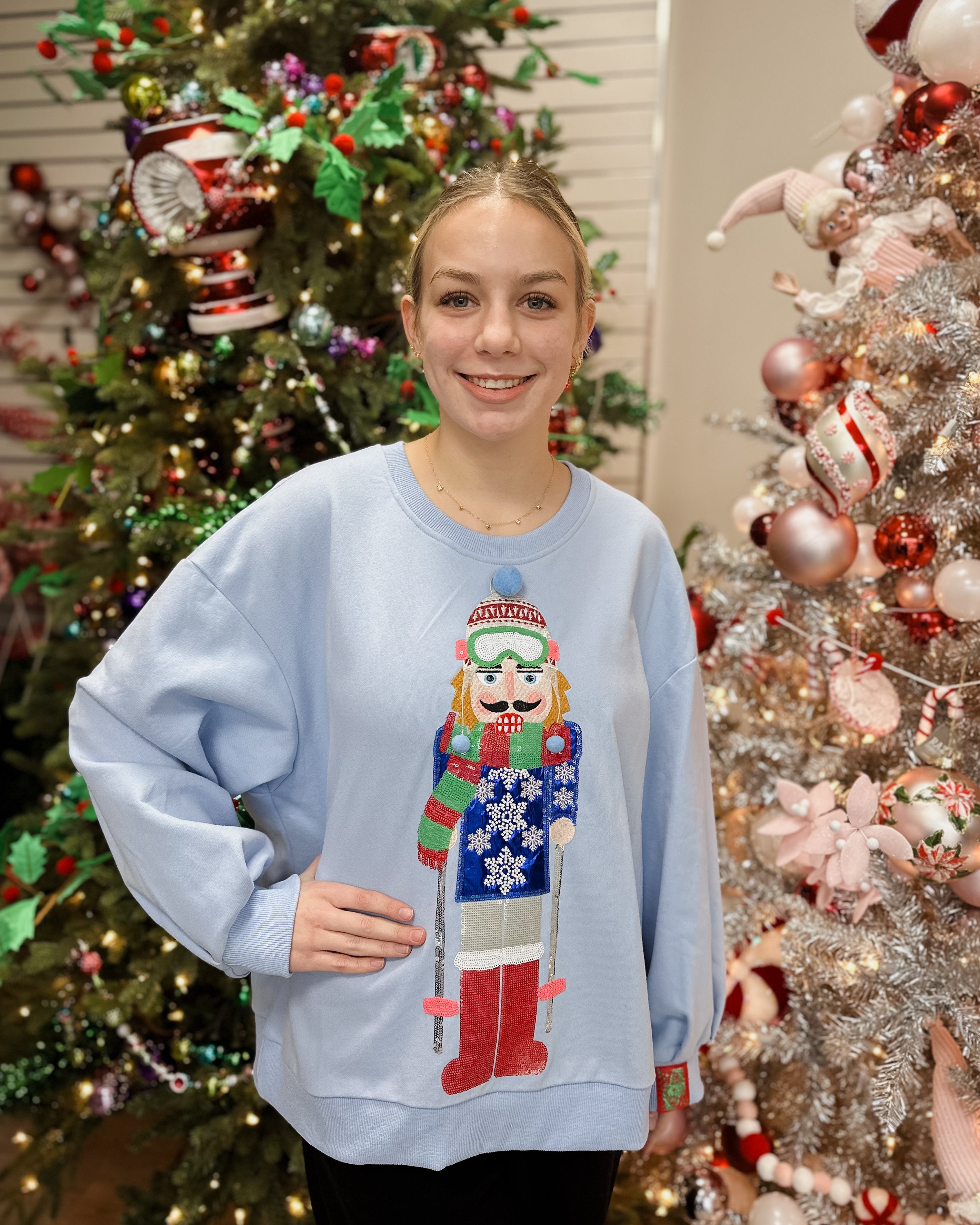 POWDER BLUE SKIING NUTCRACKER SWEATSHIRT