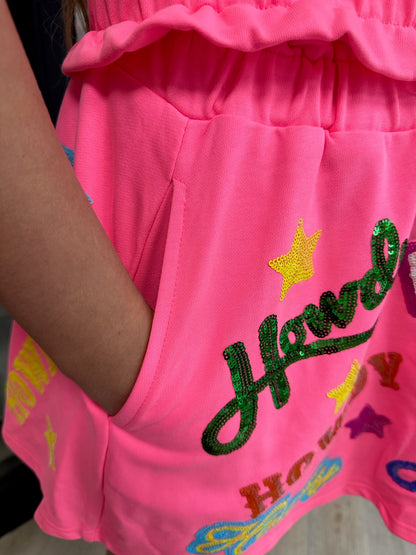 QUEEN OF SPARKLES Neon Pink Howdy All Over Tank & Skort