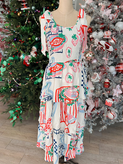 WHITE/RED MULTI PRINTED SLEEVELESS MIDI DRESS