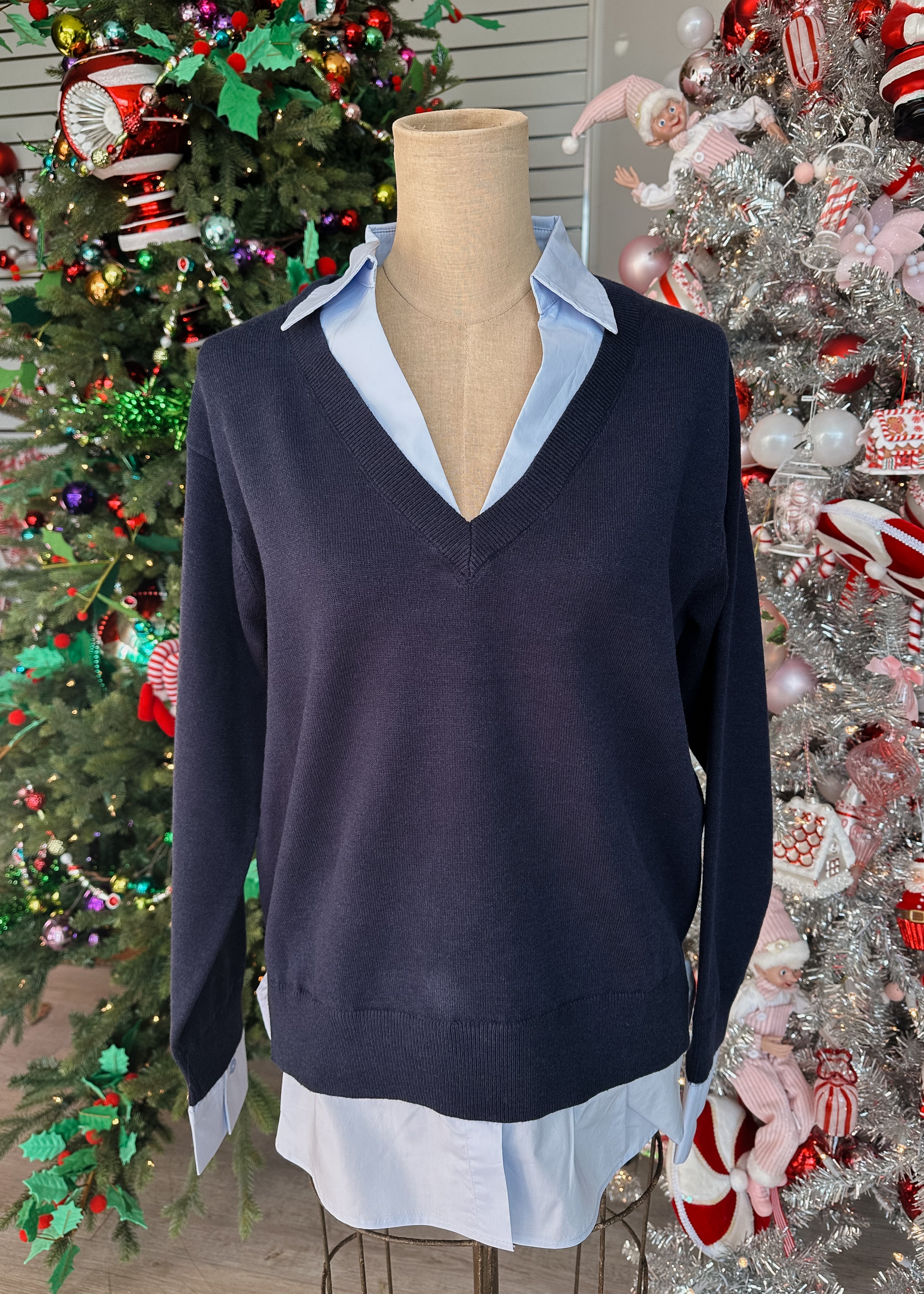 NAVY SWEATER WITH BLUE COLLARED UNDERSHIRT