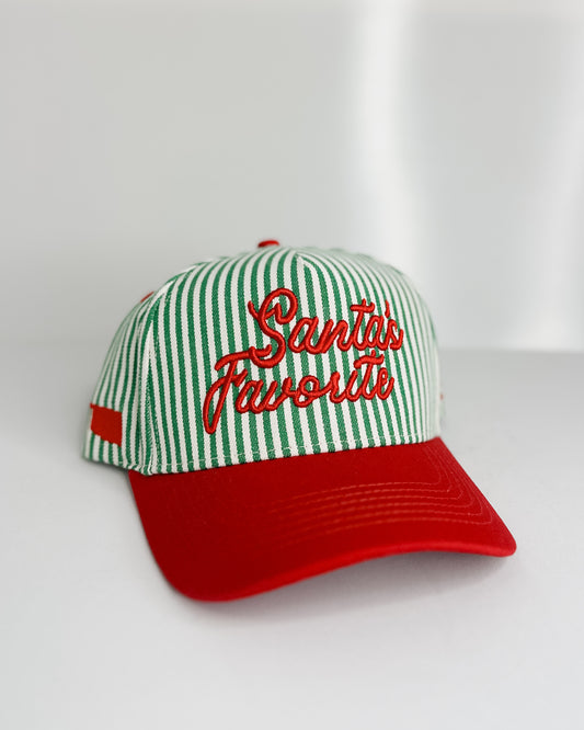 GREEN/WHITE STRIPED HAT - SANTA'S FAVORITE