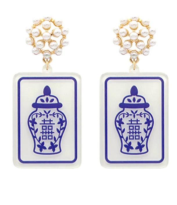 BLUE & WHITE GINGER JAR MAHJONG EARRINGS