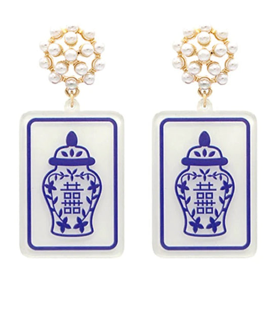 BLUE & WHITE GINGER JAR MAHJONG EARRINGS