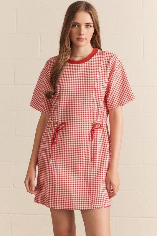 RED CHECKED PRINT SHORT SLEEVE MINI DRESS