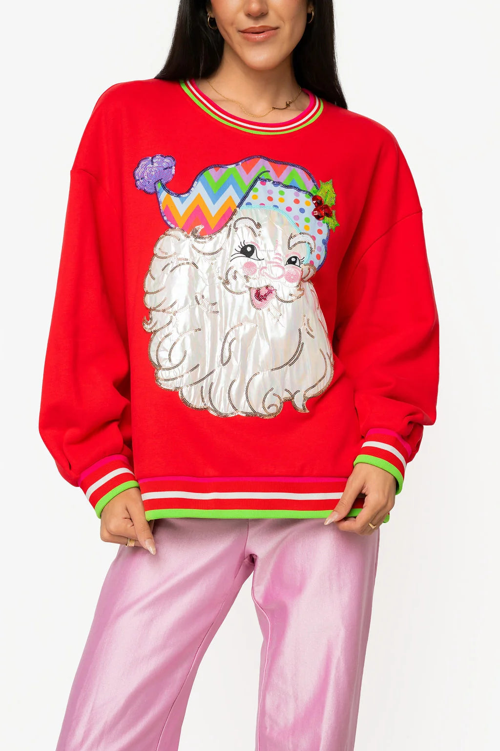 RED MULTI HAT METALLIC SANTA SWEATSHIRT