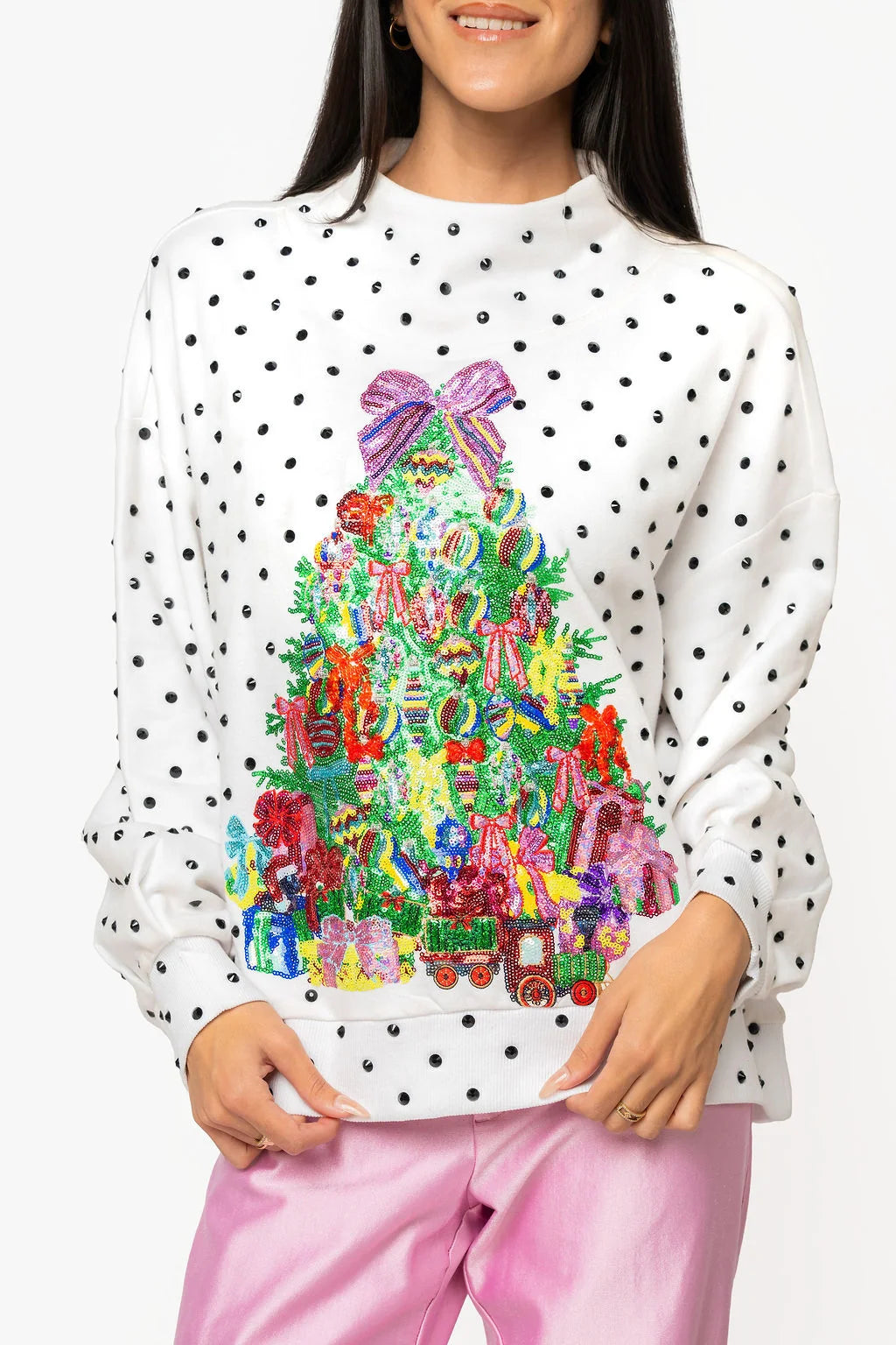 WHITE & BLACK POLKA DOT MULTI CHRISTMAS TREE MOCKNECK SWEATSHIRT