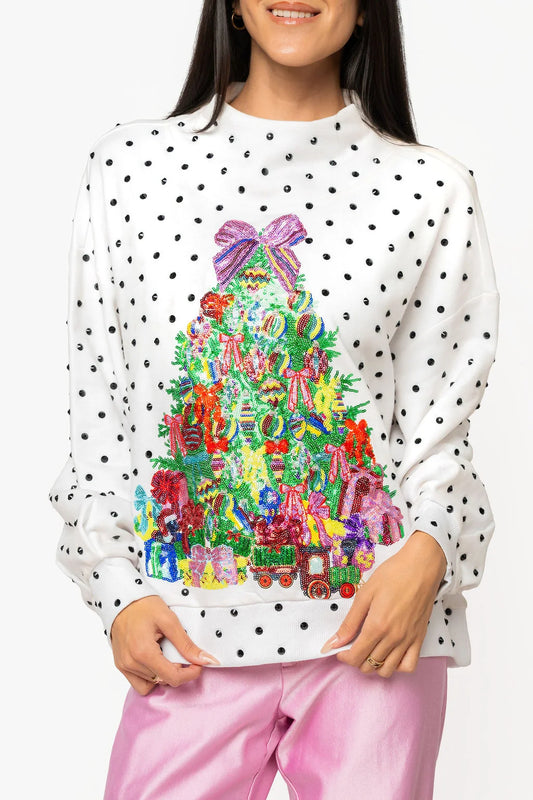 WHITE & BLACK POLKA DOT MULTI CHRISTMAS TREE MOCKNECK SWEATSHIRT
