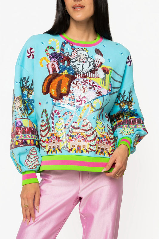 AQUA VINTAGE SANTA GINGERBREAD HOUSE SWEATSHIRT