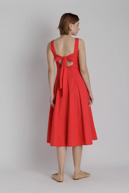 RED POPLIN KEYHOLE MINI DRESS