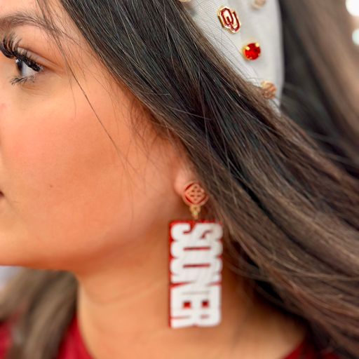 White & Crimson Glitter Boomer Sooner Earrings - Pharm Favorites by Economy Pharmacy