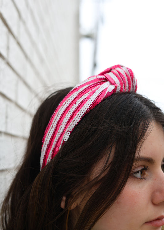 PINK/WHITE STRIPE SEQUIN HEADBAND