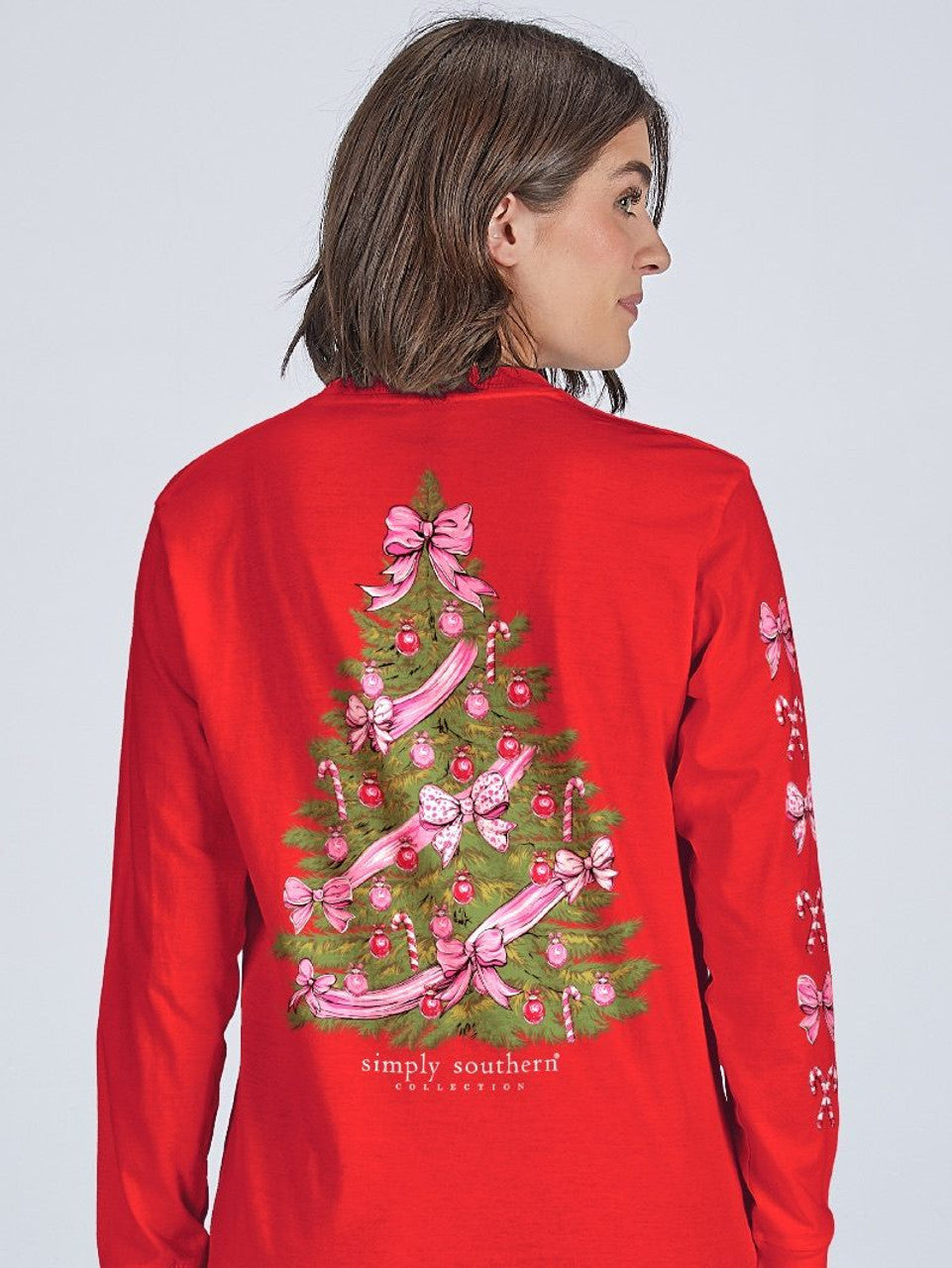 RED LONG SLEEVE CHRISTMAS TREE W/PINK BOWS TEE