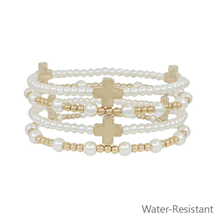 Water Resistant Set of 4 Pearl Beaded and Gold Cross Stretch Braceletes