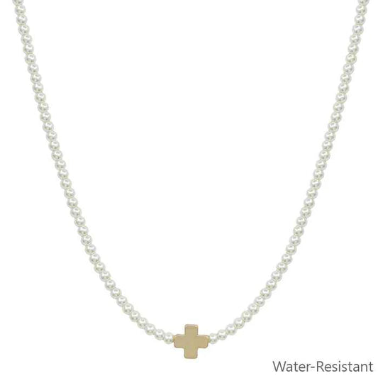 Water Resistant Gold Cross with Pearls 16"-18" Necklace