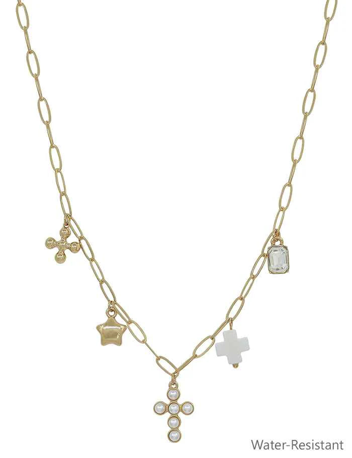 Water Resistant Gold Chain with Pearl Beaded Cross, White Cross, Star Charm 16"-18" Necklace