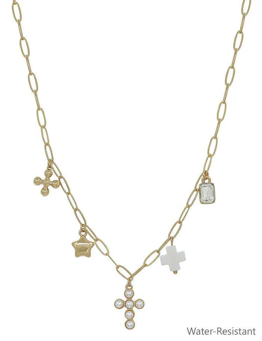 Water Resistant Gold Chain with Pearl Beaded Cross, White Cross, Star Charm 16"-18" Necklace