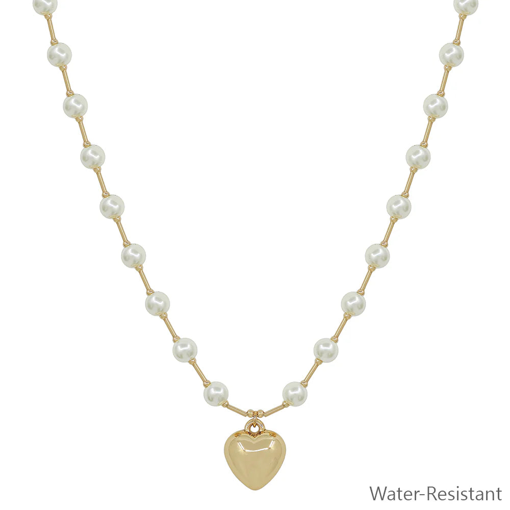 Water Resistant 6MM Pearl Beaded Chain with Puffy Heart 16"-18" Necklace
