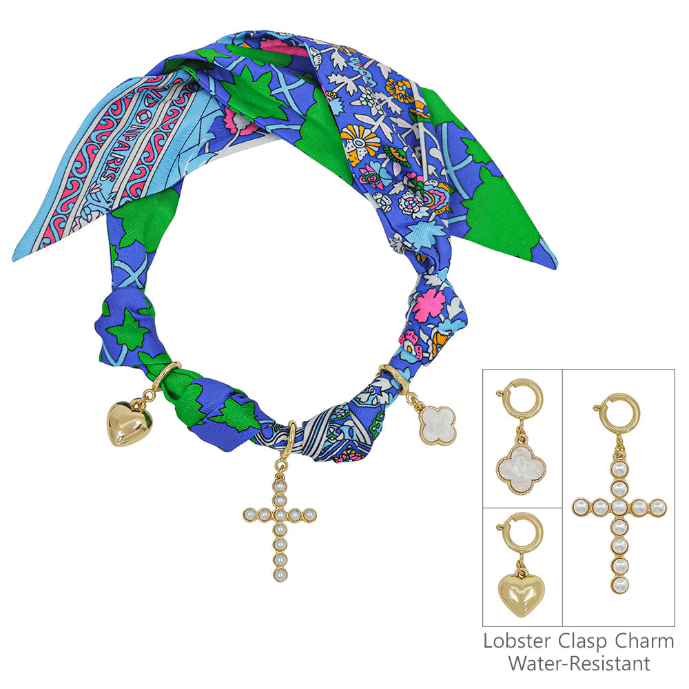 Blue, Pinks, and Green Knotted Scarf Necklace with Pearl Cross, Puffy Heart, and Clover Charms