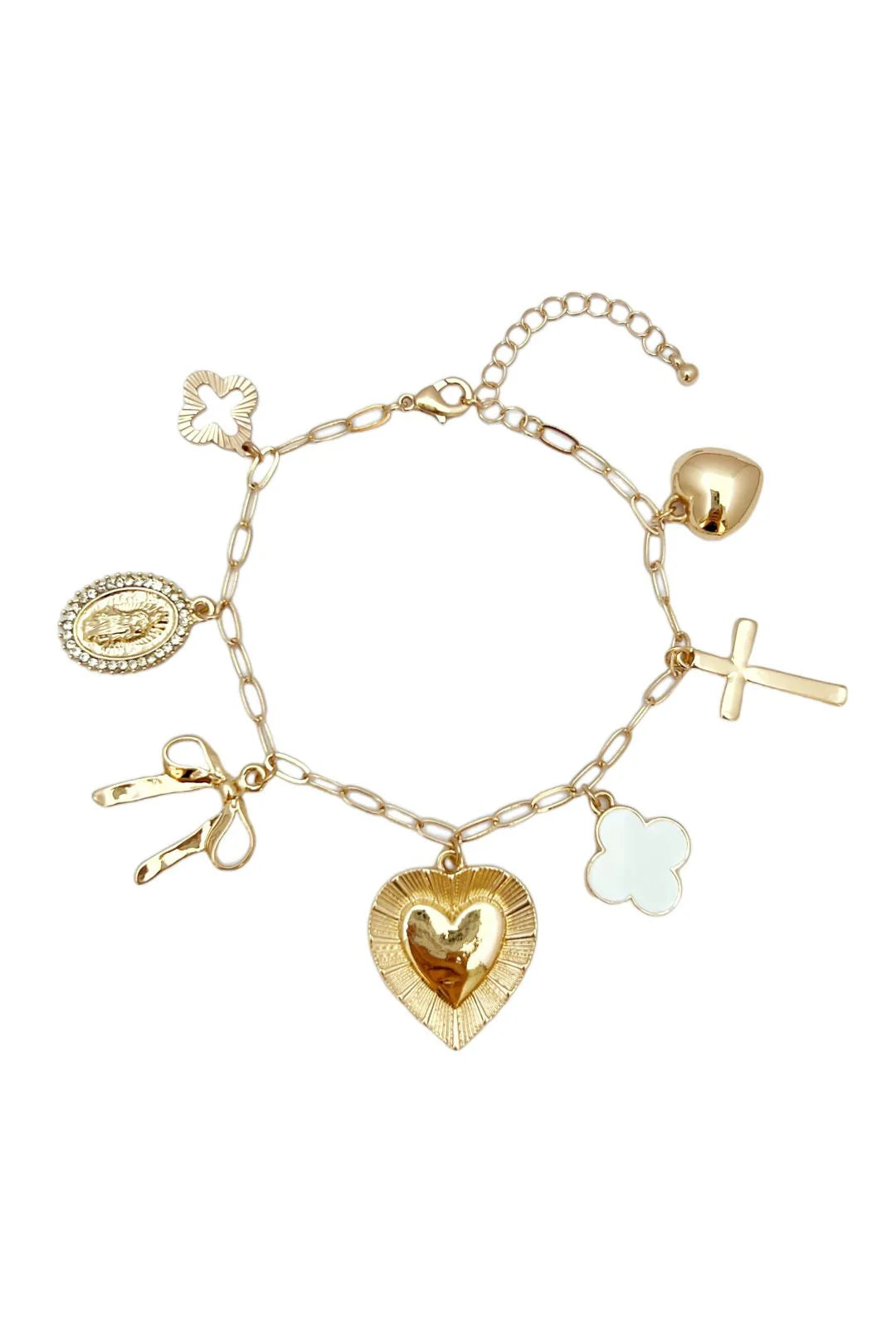 Clover, Heart, Bow, Cross Charm Bracelet with Extension