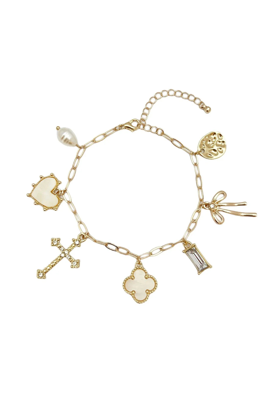 Mother of Pearl Clover, Stone, Heart, Bow Charm Bracelet with Extension
