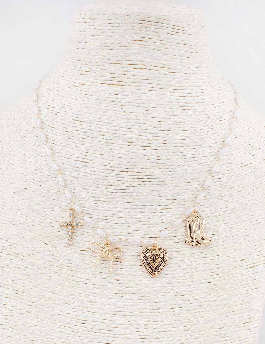 Gold Rice Pearl with Boot, Heart, Bow, and Cross Necklace