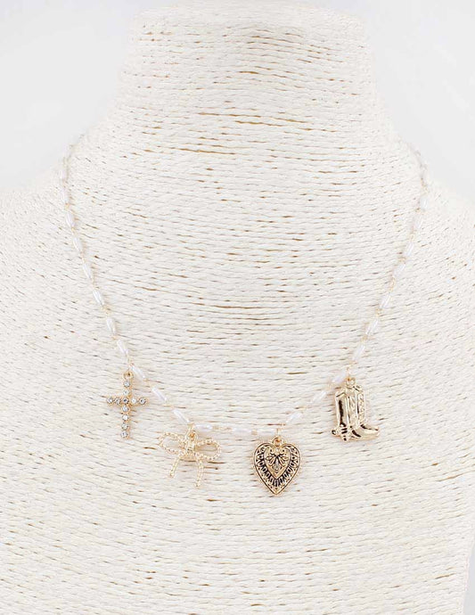 Gold Rice Pearl with Boot, Heart, Bow, and Cross Necklace