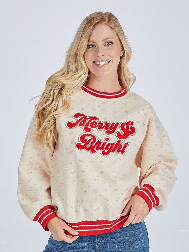 CREAM W/PINK FLORAL VARSITY MERRY & BRIGHT SWEATSHIRT