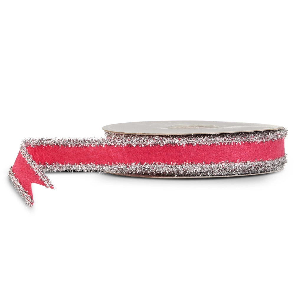 1"X10 YDS. DARK PINK AND SILVER TINSEL FELT WIRED RIBBON