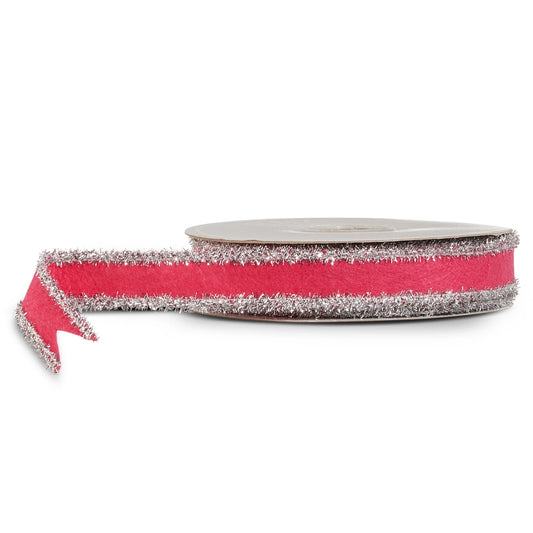 1"X10 YDS. DARK PINK AND SILVER TINSEL FELT WIRED RIBBON