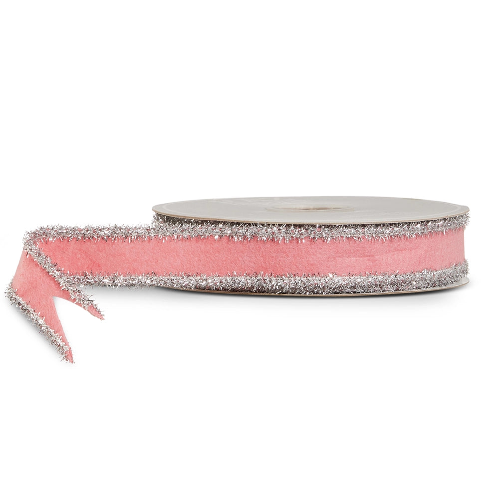 1"X10 YDS. LIGHT PINK AND SILVER TINSEL FELT WIRED RIBBON
