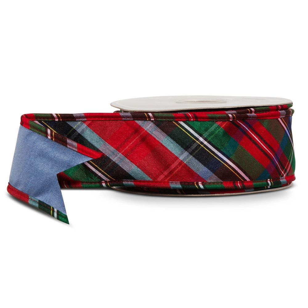 2.5"X10 YDS. BLUE TARTAN PLAID EDGE WIRED RIBBON